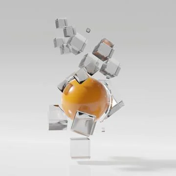 A 3D rendering illustration of an orange ball and exploding cubes isolated on Illustrazione stock