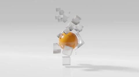 A 3D rendering illustration of an orange ball and exploding cubes isolated on Stock Illustration