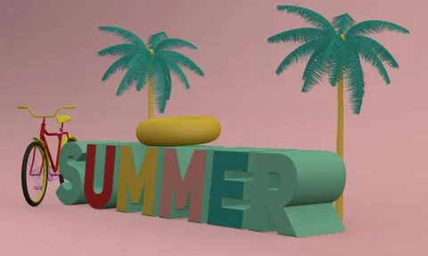 A 3d rendering illustration of palm trees, a bicycle, a pool float on a pink  Stock Illustration