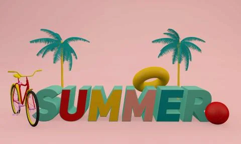 A 3d rendering illustration of palm trees, a bicycle, a pool float on a pink  Stock Illustration