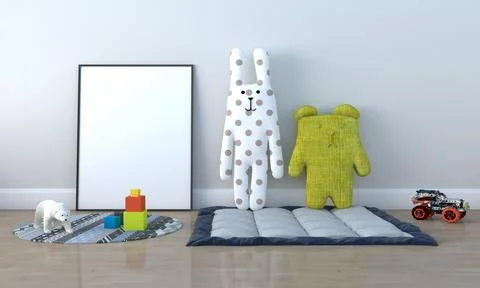 A 3D rendering illustration of positive minimalist and colorful room for kids Illustrazione stock