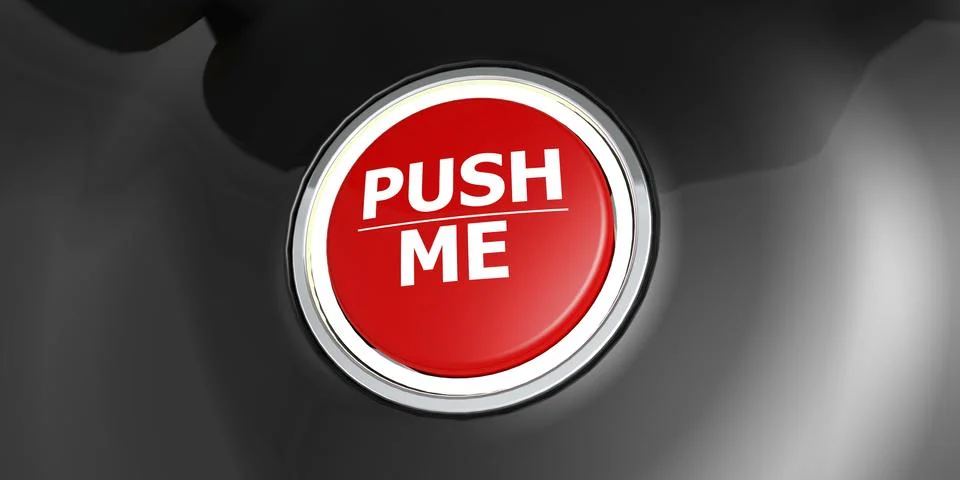 3D rendering illustration of push me red button with metal ring, 3D rendering Stock Photos