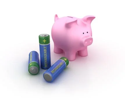 3D rendering illustration of rechargeable batteries with a piggy bank Stock Illustration