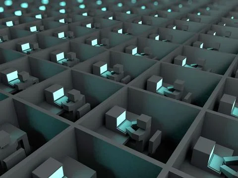3D rendering illustration of small workspaces, equally divided by walls, concept Stock Illustration