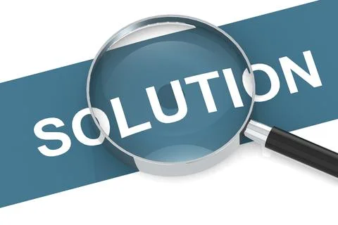 3D rendering illustration of solution word under a magnifying glass Stock Photos