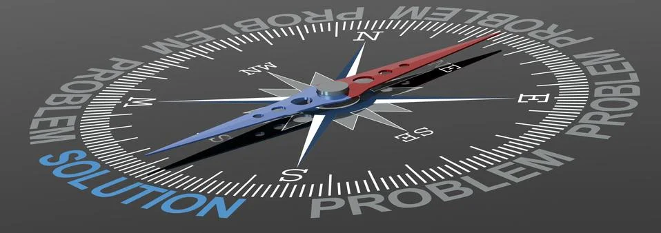 A 3D rendering illustration of solution word on the compass with blue and red Stock Photos