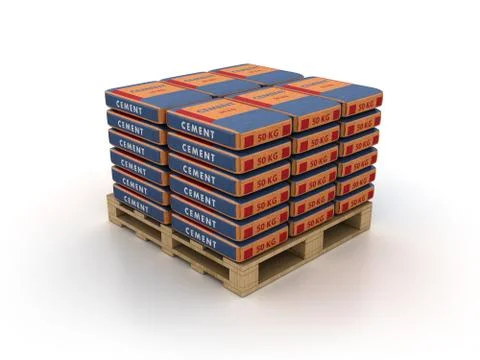 A 3D rendering illustration of stacks of cement packs isolated on a white bac 스톡 일러스트
