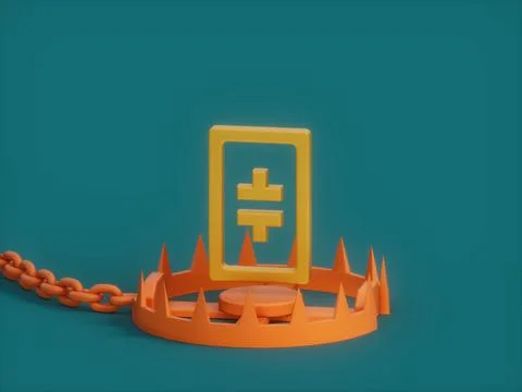 A 3D rendering illustration of a Theta token sign over the trap  - the concep Stock Illustration