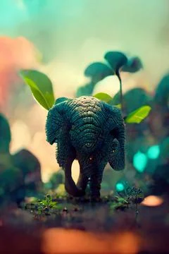 3D rendering illustration of a tiny elephant made of leaves in a forest Stock Illustration