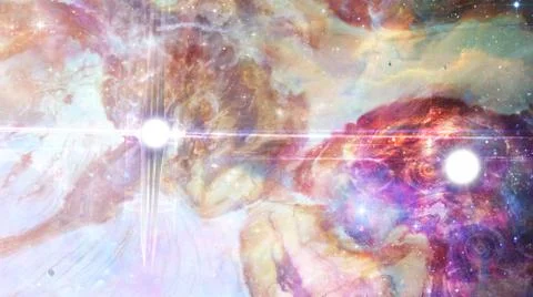 3d rendering illustration of two bright polar stars in a multicolored nebula  Stock Illustration