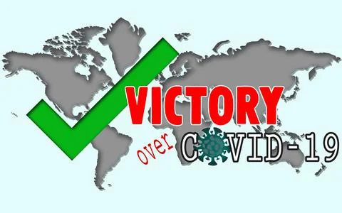 3d rendering illustration of victory over COVID-19 with a world map, Ilustração Stock