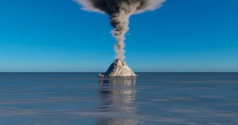 3d rendering. Illustration of a volcano eruption on a rocky island in the oce Stock Illustration