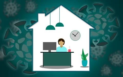 A 3D rendering illustration of work from home during an outbreak of the COVID Illustrazione stock