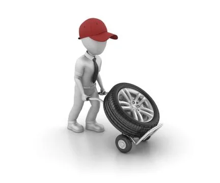 3D rendering illustration of a worker with a hand truck and car wheel Stock Illustration