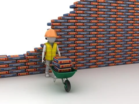 A 3D rendering illustration of a worker near the cement packs isolated on a w Stock Illustration