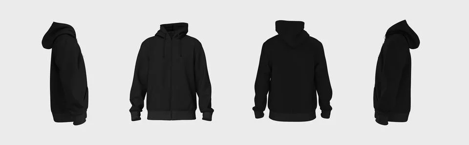 3D rendering image ?ollage of four side black hoodie mockups showcasing diffe Stock Illustration