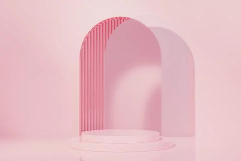 3D rendering image of pink circular pedestal in bright studio Stock Illustration