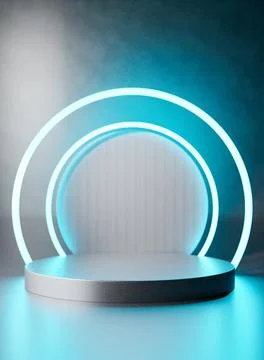 3D rendering image of round pedestal near neon lit arch frame 스톡 일러스트