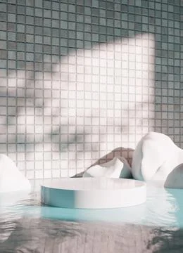 3D rendering image of round podium on water surface near rocks in studio Stock Illustration