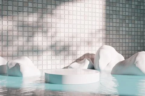 3D rendering image of round podium on water surface near rocks in studio Stock Illustration