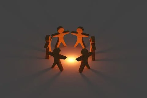 3D rendering image. Six little wooden figures of people dancing in a circle.  Illustrazione stock