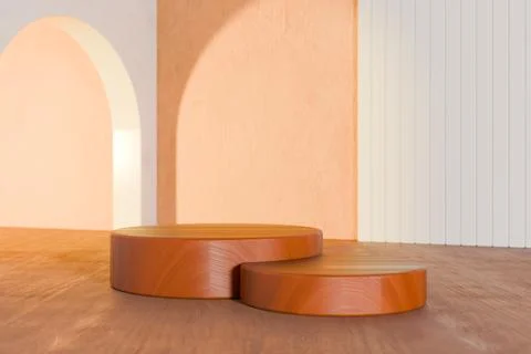 3D rendering image of wooden round podiums in contemporary studio Stock Illustration