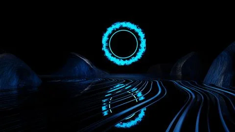 3D rendering. Imaginary landscape, neon lights in abstract blue ring flames. Stock Illustration