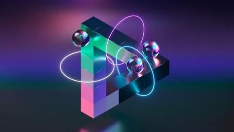 3d rendering of an impossible object with shimmering colors, neon lights Illustrazione stock