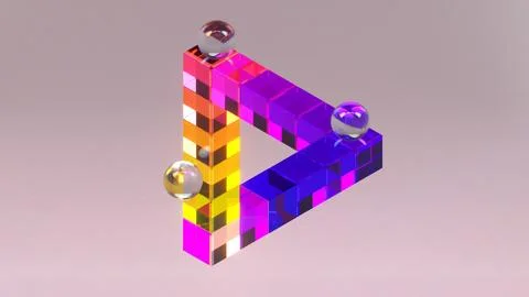 3d rendering of an impossible triangle supporting glass spheres on its corners Ilustración de archivo