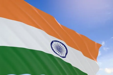 3D rendering of India flag waving on blue sky background Stock Illustration