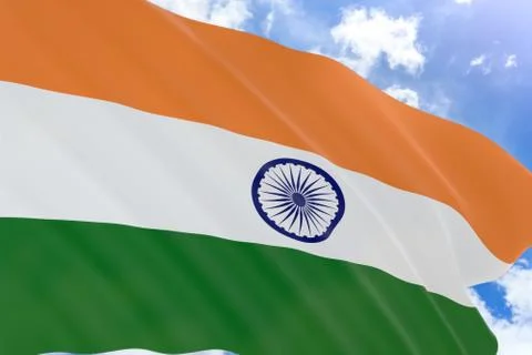 3D rendering of India flag waving on blue sky background Foto stock