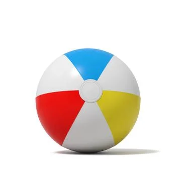 3d rendering of an inflated beach ball with white and colorful stripes on a Stock Illustration