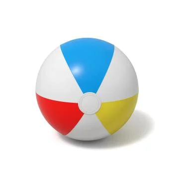 3d rendering of an inflated beach ball with white and colorful stripes on a Stock Illustration