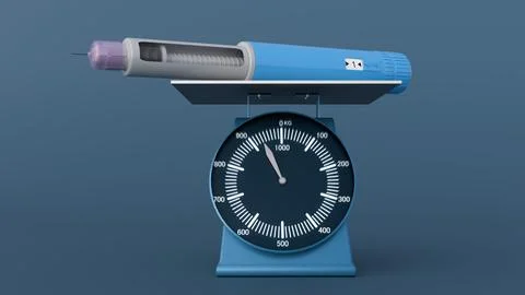 3D rendering of an injection pen and a table scale. Stock Illustration