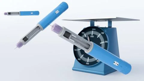 3D rendering of an injection pen and a table scale. Stock Illustration