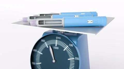 3D rendering of an injection pen and a table scale. Stock Illustration