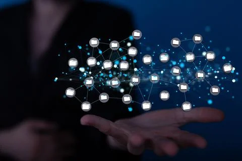 3D rendering of interconnected filing folders on a businesswoman's palm 스톡 사진