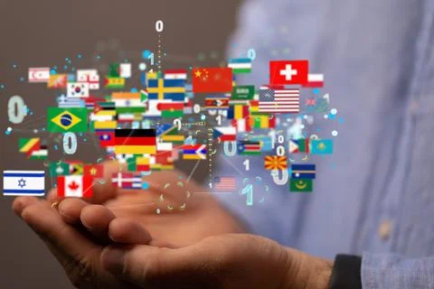 A 3D rendering of interconnected flags on a man's palms - global networking a Stock Photos