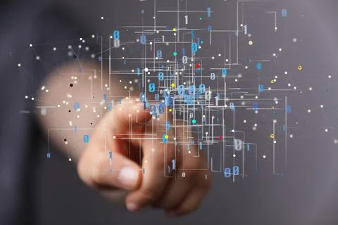 3d rendering of interconnected icons in front of a hand / Data connection Stock Photos