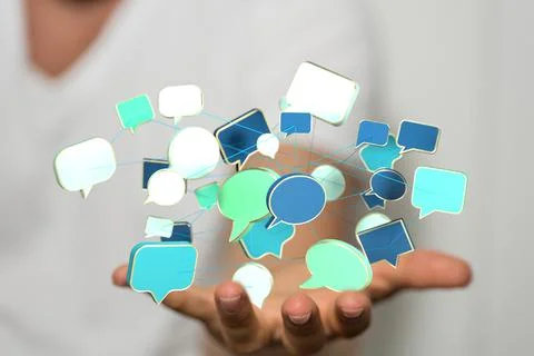 A 3D rendering of interconnected speech bubbles on a man's palm - social netw Stock Photos