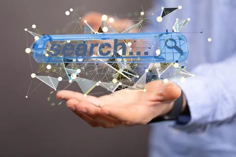 3D rendering of an interface web application in a real person's hands Foto stock