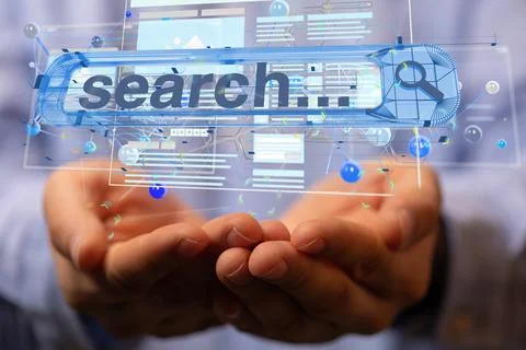 3D rendering of an interface web application in a real person's hands Stock Photos