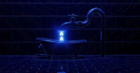 3d rendering. Interior bathroom with bathtub, faucet, and sewer pipes. Night Stock Illustration