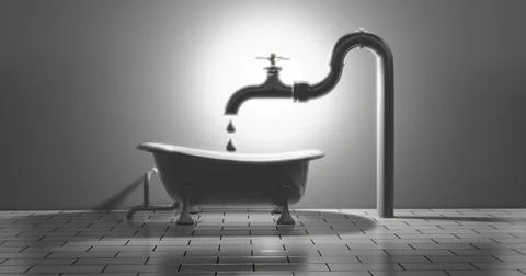3d rendering. Interior bathroom with bathtub, faucet, and sewer pipes. Black Stock Illustration