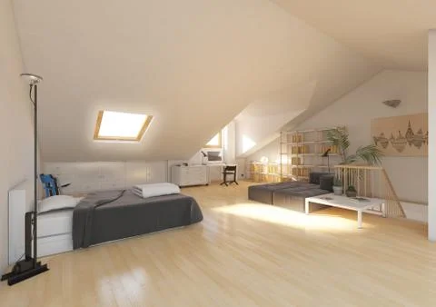 3d rendering interior bedroom, under-roof. 库存插图