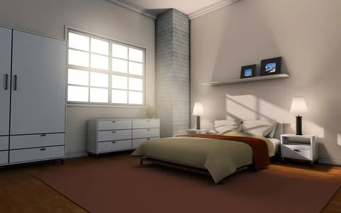 A 3D rendering of the interior of a cozy, luminous modern house with a double Stock Illustration