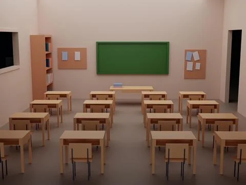 3D rendering of the interior of an empty classroom at a school Illustrazione stock