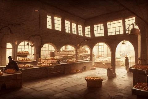 3D rendering of interior of medieval bakery Stock Illustration