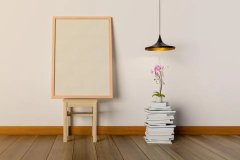 3D rendering of interior mock up poster with chair, books, lamp and flower. Stock Photos