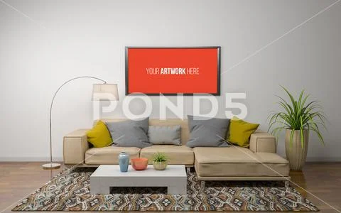 3D Rendering of Interior of Modern Living Room with Sofa - Couch and Table PSD Template